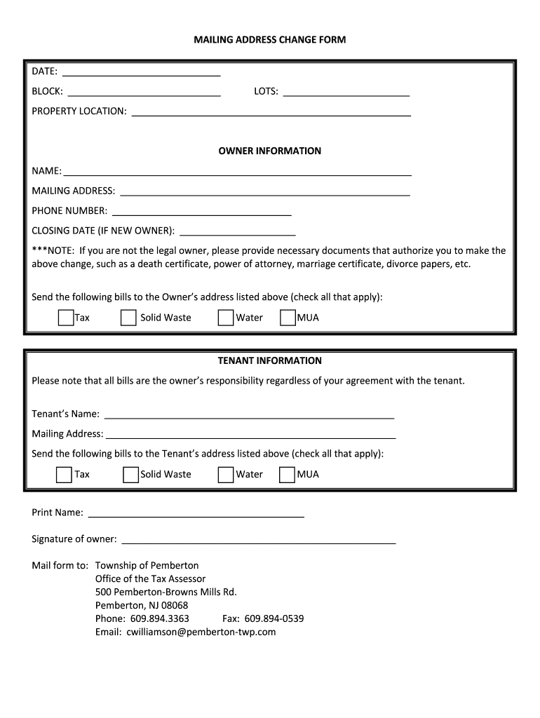 Fillable Online m b5z MAILING ADDRESS CHANGE FORM DATE BLOCK LOTS