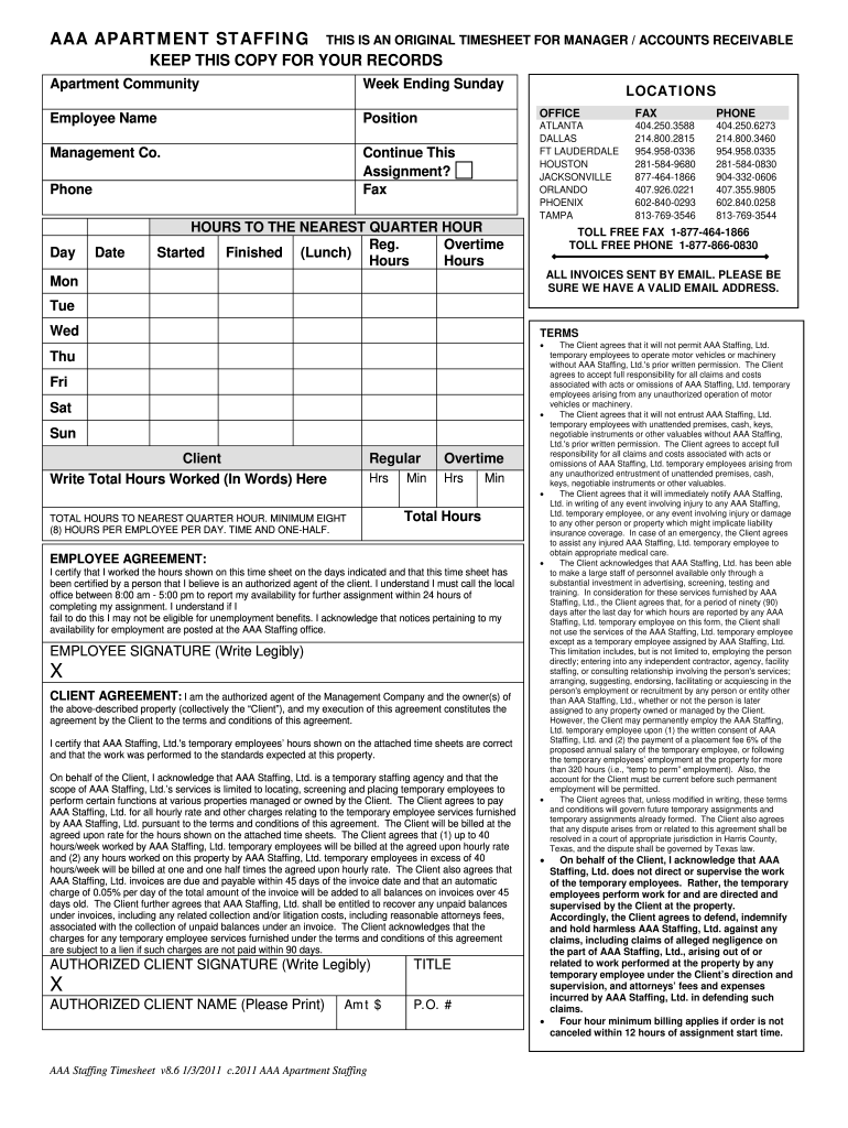 AAA Apartment Staffing Timesheet 2011 Fill and Sign Printable