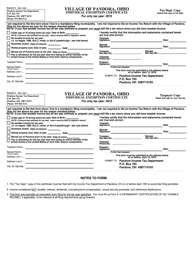 Fillable Online E114A VILLAGE OF PANDORA OHIO INDIVIDUAL EXEMPTION