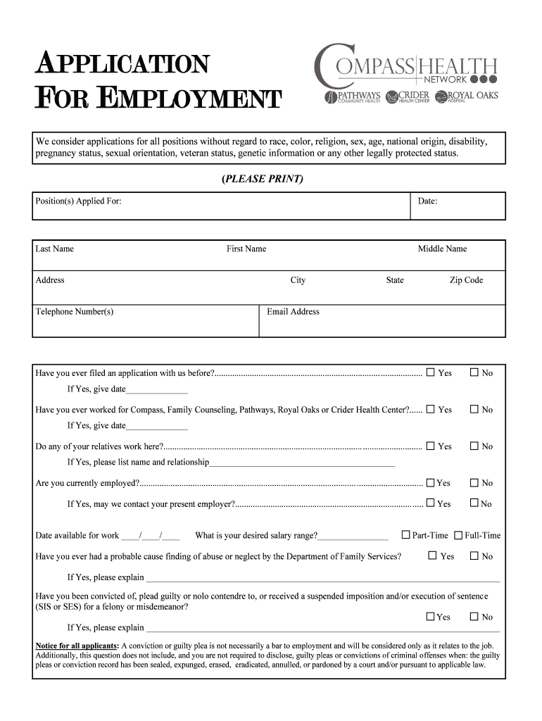 Fillable Online APPLICATION FOR EMPLOYMENT Compass Health Network Fax