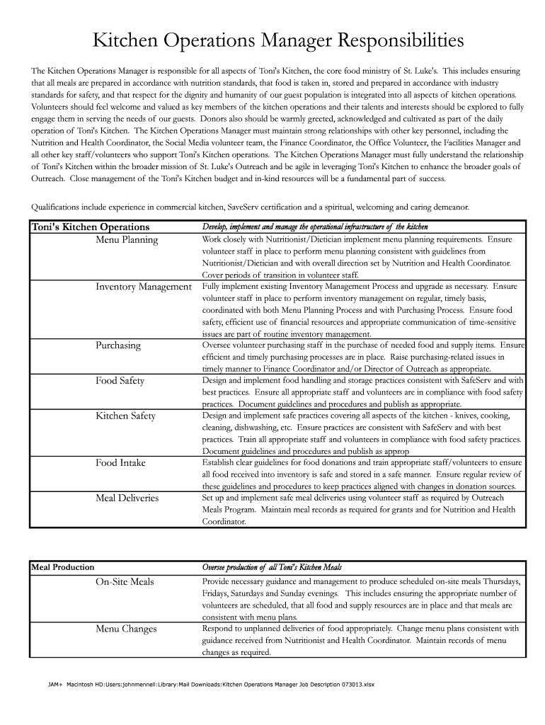 Fillable Online Kitchen Operations Manager Responsibilities Fax Email