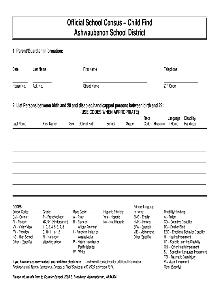 Fillable Online ashwaubenon k12 wi Child Find bCensusb Ashwaubenon
