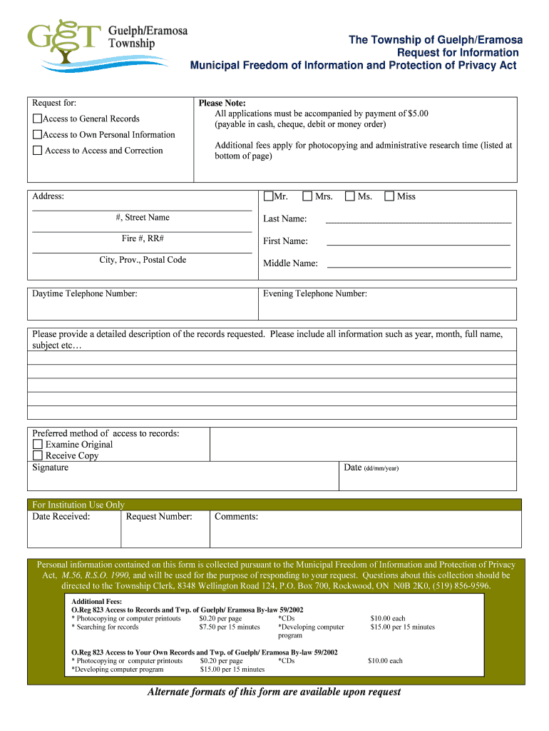 Fillable Online get on BFreedomb of Information bRequestb Form Guelph Eramosa Township Fax