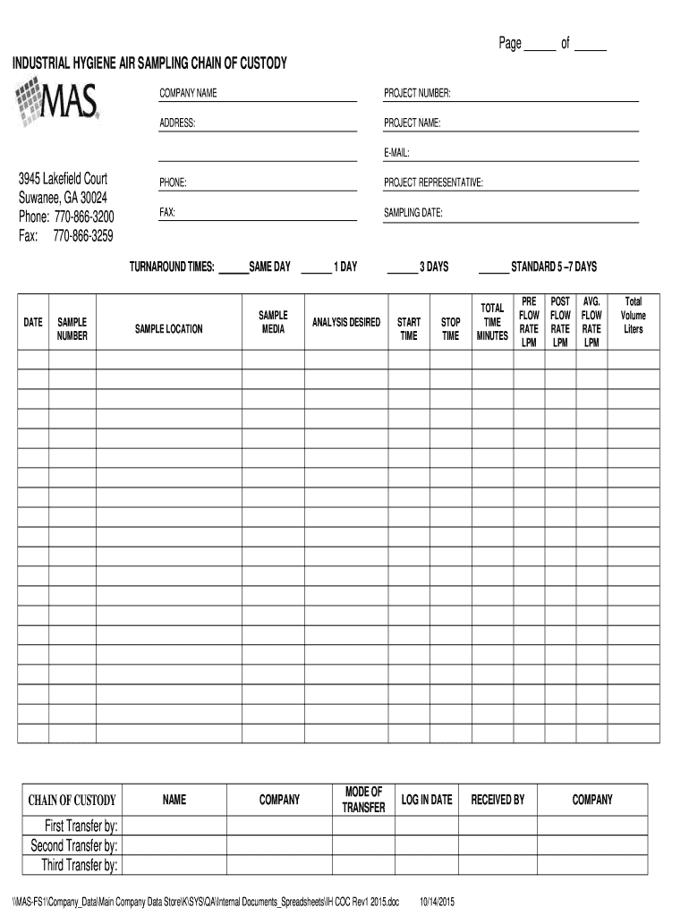 Fillable Online INDUSTRIAL HYGIENE AIR SAMPLING CHAIN OF CUSTODY First