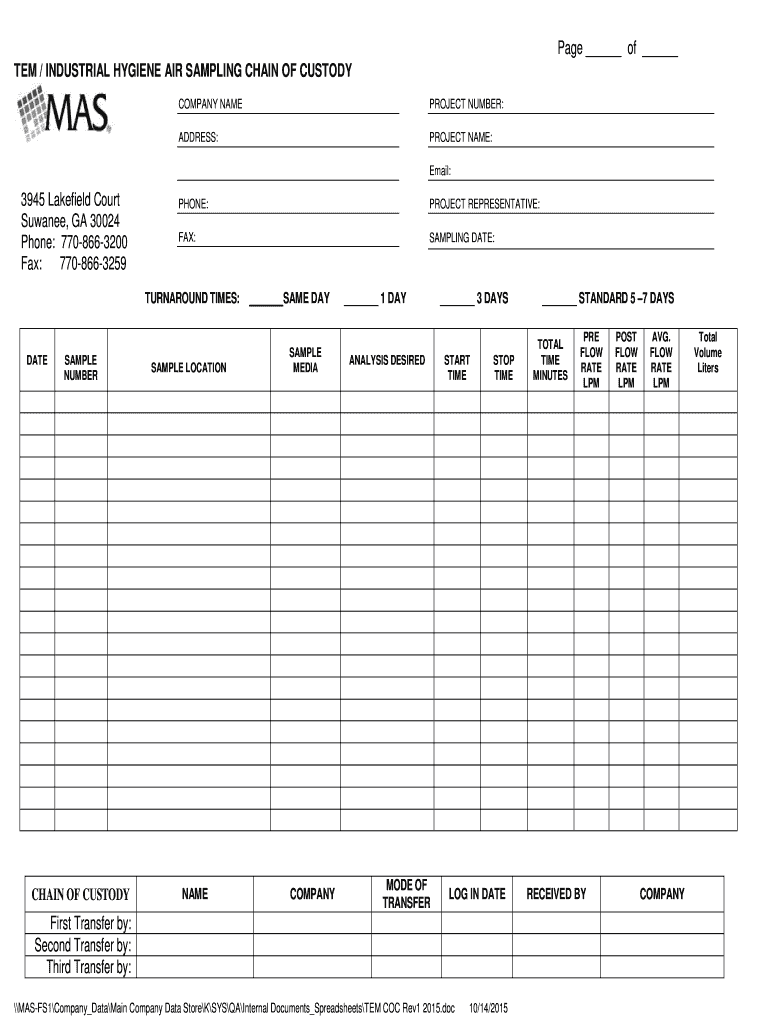 Fillable Online TEM INDUSTRIAL HYGIENE AIR SAMPLING CHAIN OF CUSTODY