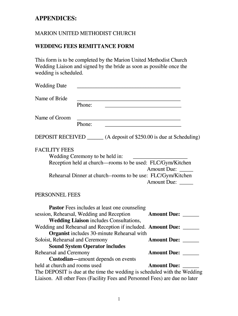 Fillable Online Wedding Fees Form Marion Methodist Church Fax Email