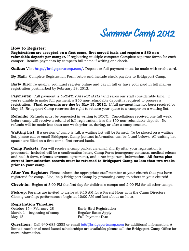 Fillable Online bridgeportcamp Summer Camp 2012 How to Register