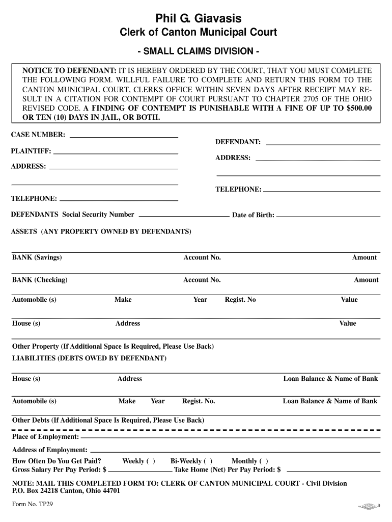 Fillable Online starkcountycjis Small Claims Questionnaire Information