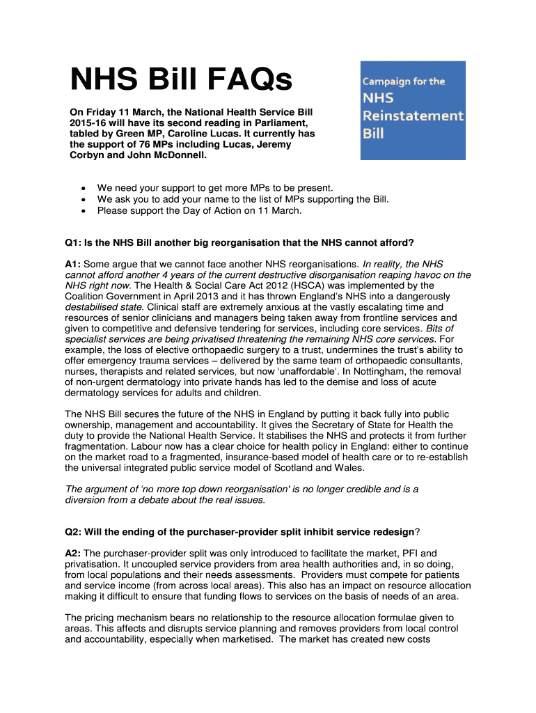 Fillable Online nhsbill2015 NHS Bill FAQs Campaign for the NHS