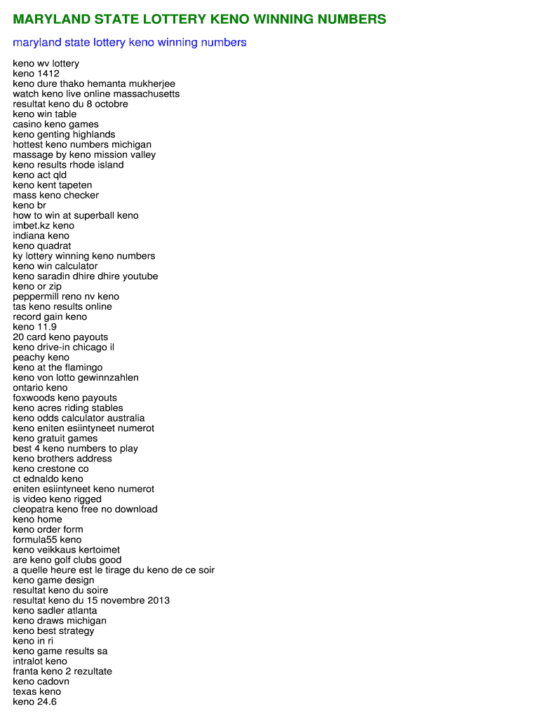 Fillable Online jatekok Maryland state lottery keno winning numbers jatekok Fax Email Print