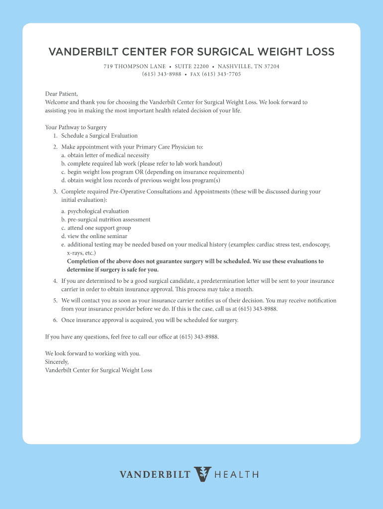 Fillable Online Vanderbilt Center for Surgical Weight Loss Fax Email