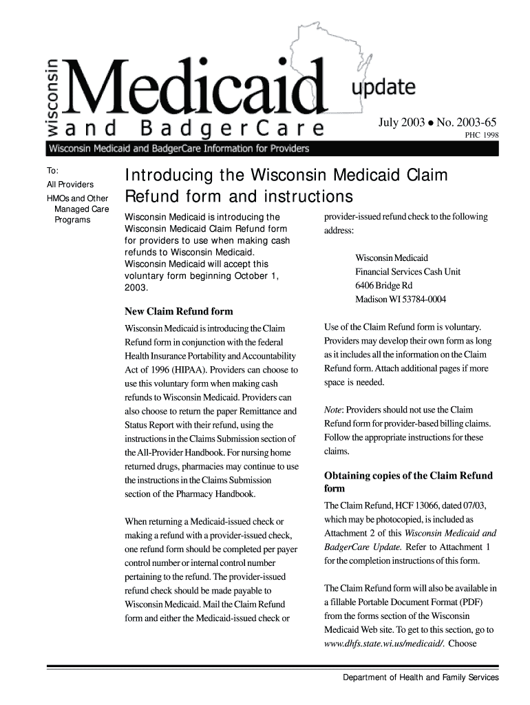 Fillable Online forwardhealth wi Introducing the Wisconsin Medicaid Claim Refund form and
