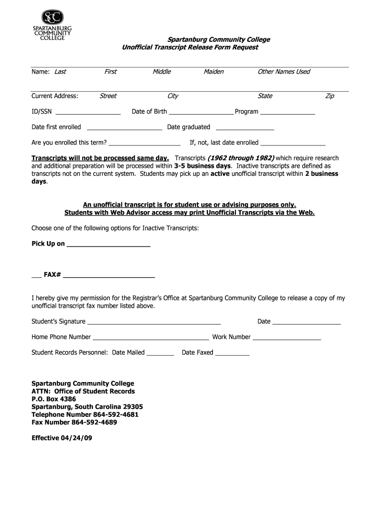 Fillable Online ww2 sccsc Unofficial Transcript Request form