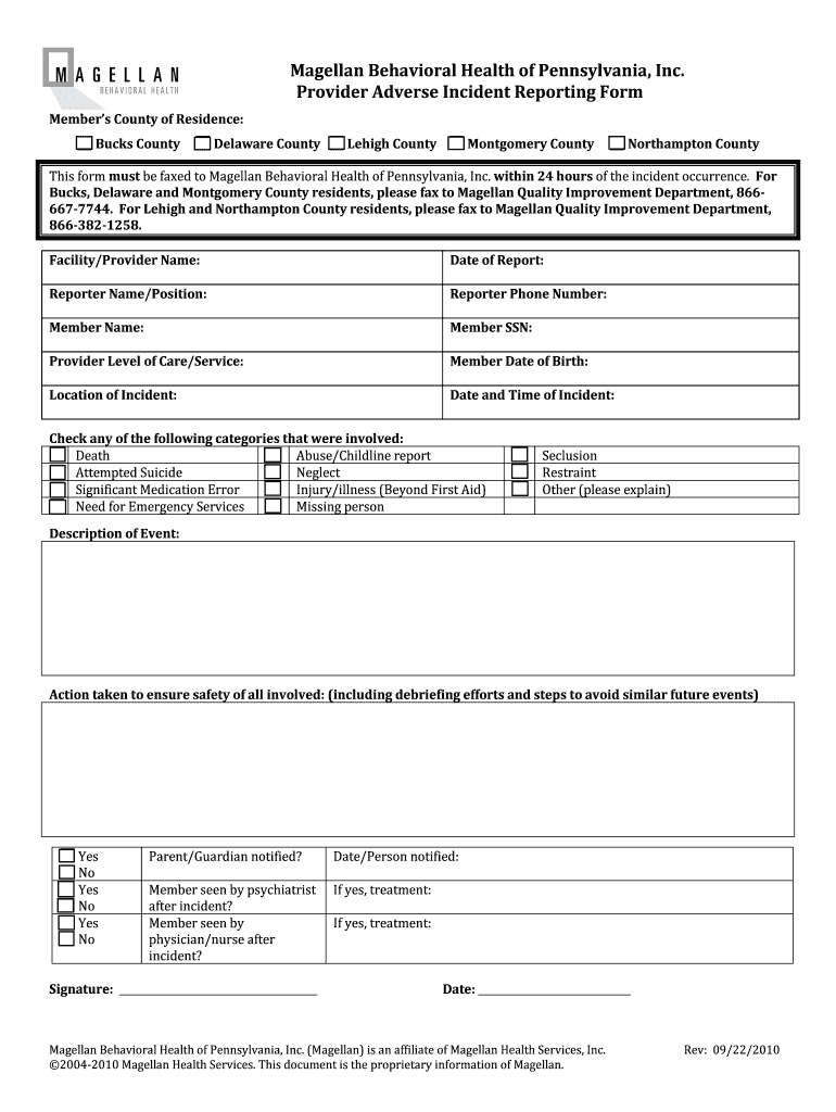 Fillable Online Provider Adverse Incident Reporting Form Magellan