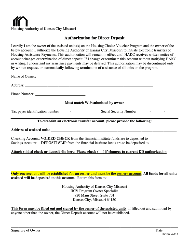 Fillable Online Authorization for Direct Deposit Housing Authority of