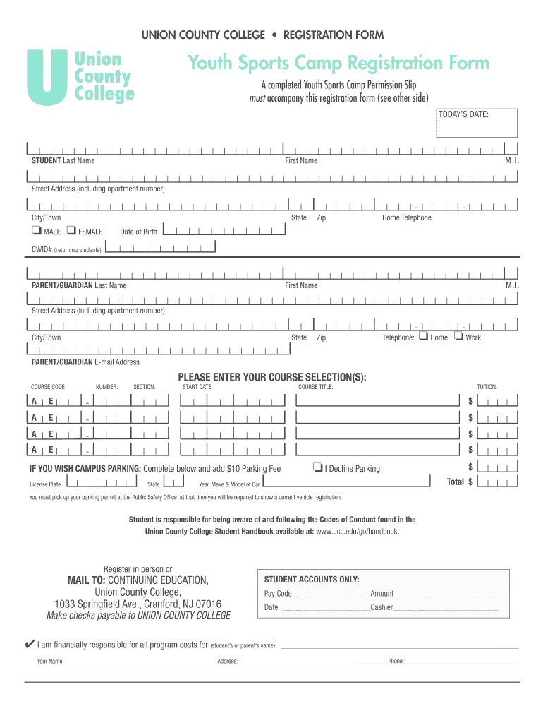 Fillable Online Youth Sports Camp Registration Form Union County