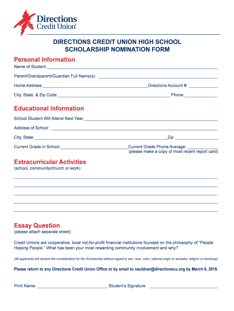 Fillable Online directionscu DIRECTIONS CREDIT UNION HIGH SCHOOL
