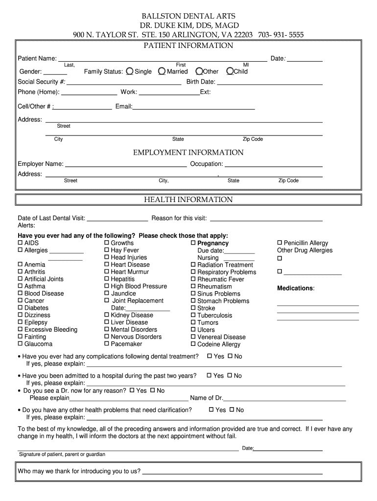 Fillable Online Patient Information Form Ballston Dental Arts Fax