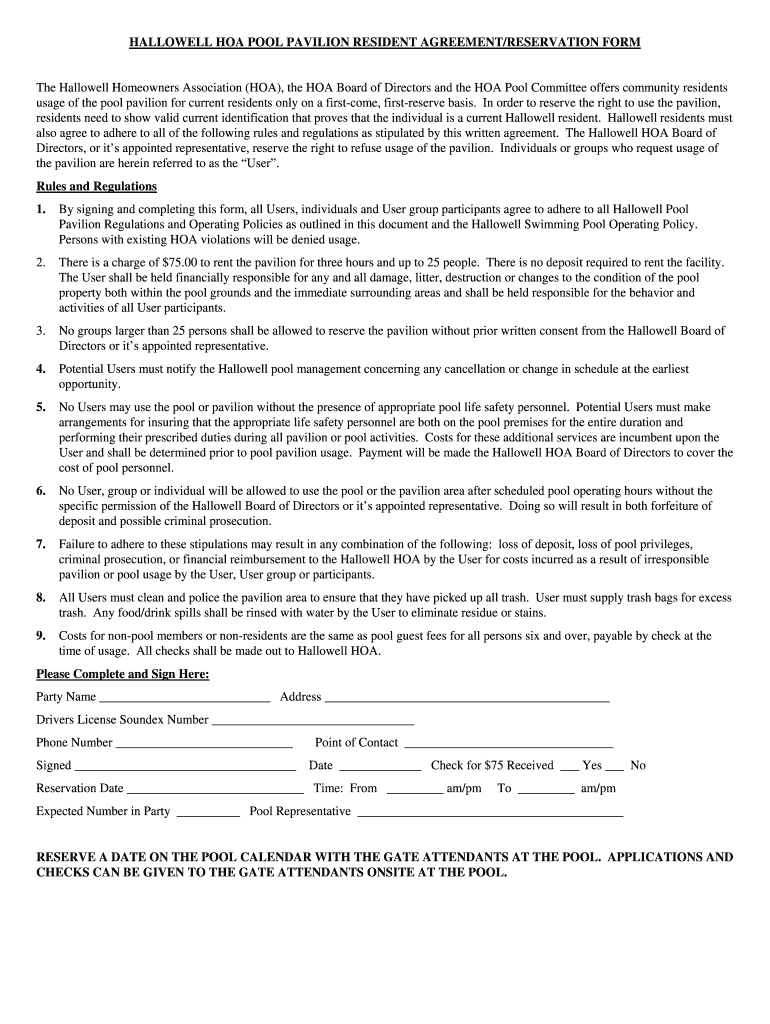 Fillable Online hallowellhoa Hallowell HOA Pool Pavilion Reservation Form hallowellhoa Fax