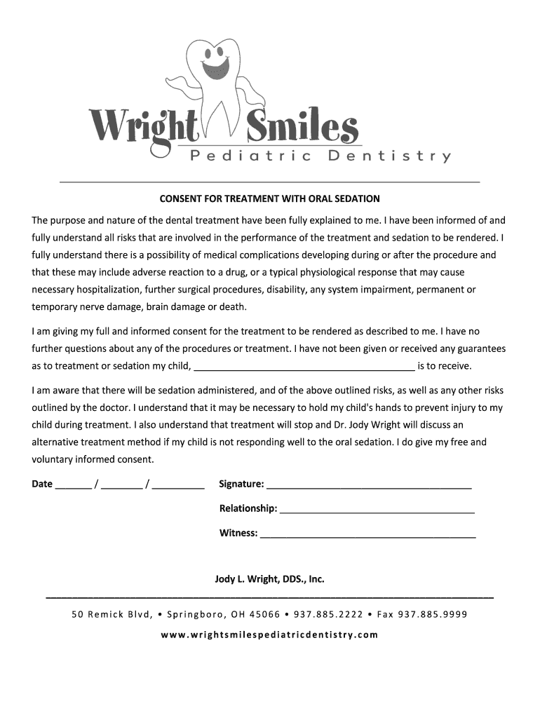 Fillable Online Oral Sedation Consent Wright Smiles Pediatric