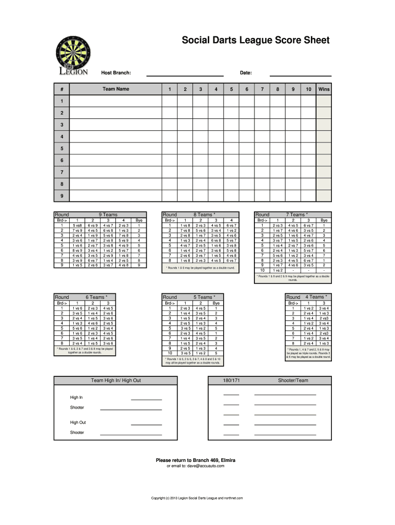 Fillable Online Social Darts League Score Sheet Fax Email Print pdfFiller