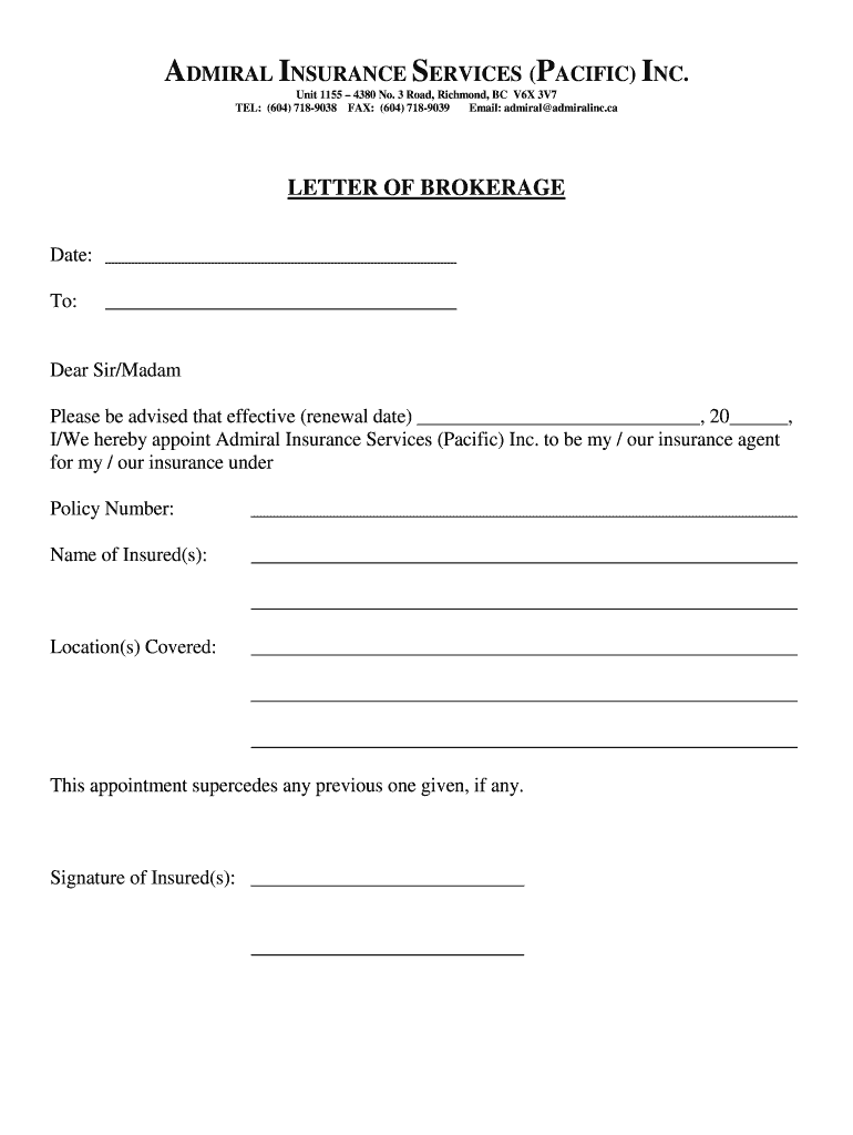 Fillable Online admiralinc Letter of brokerage Admiral Insurance