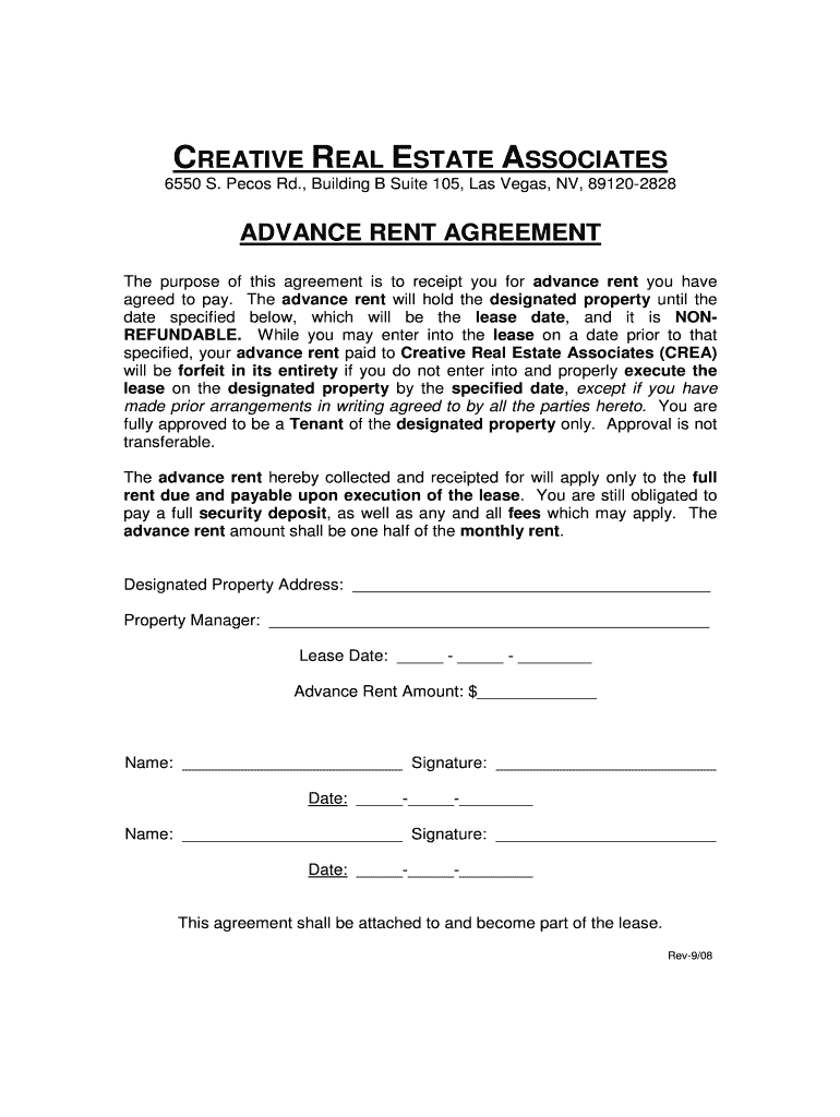 Fillable Online Advance rent agreement Creative Real Estate