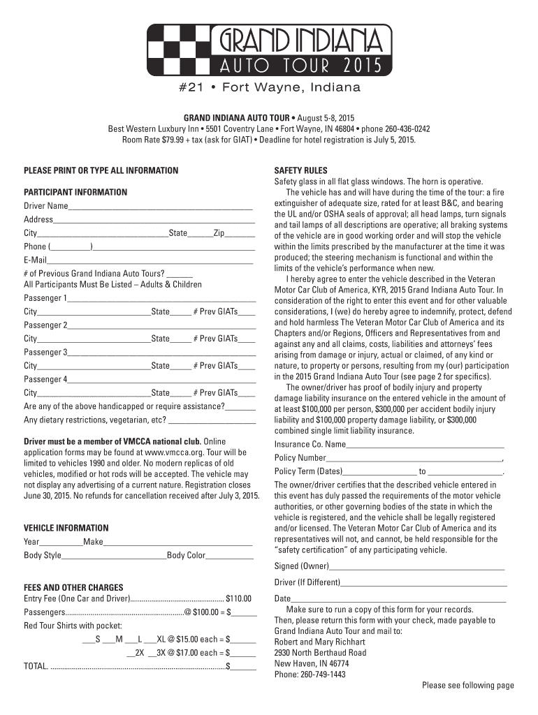 Fillable Online 21 Fort Wayne, Indiana Grand Indiana Auto Tour Fax