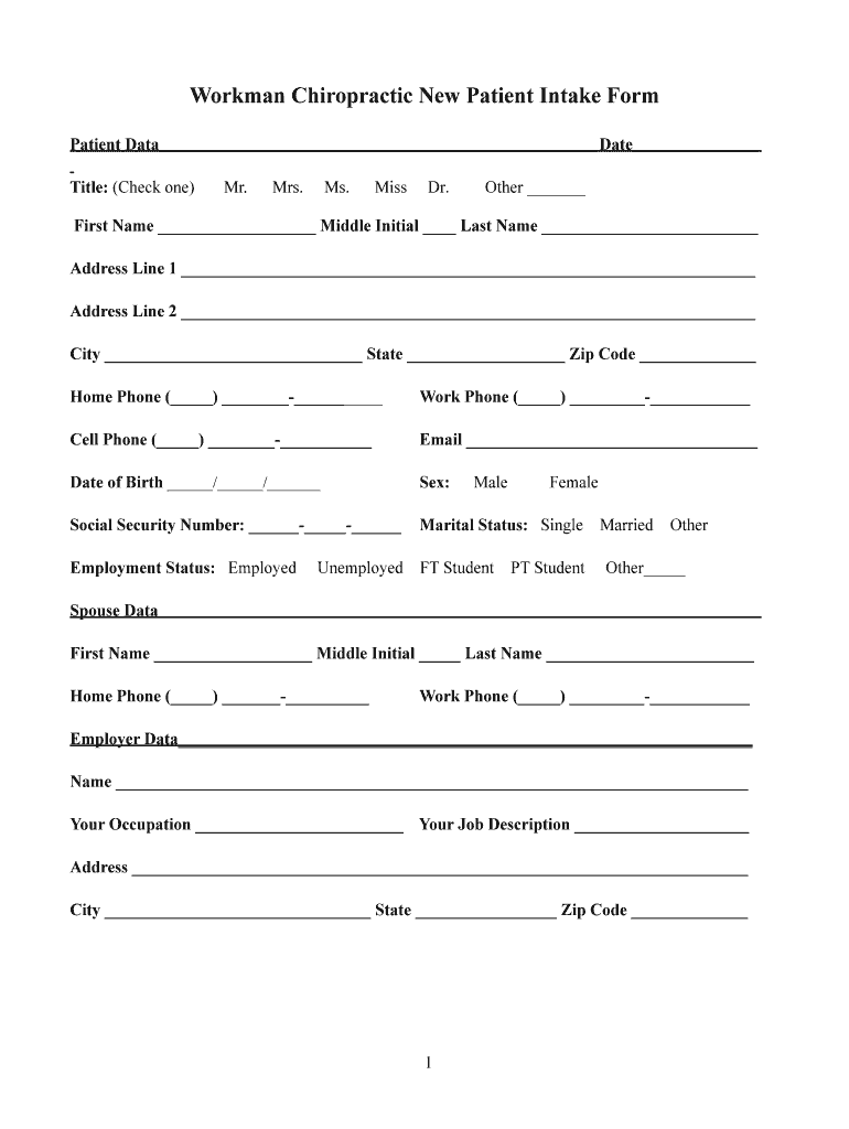 Fillable Online New Patient Intake Form1 Workman Chiropractic Fax