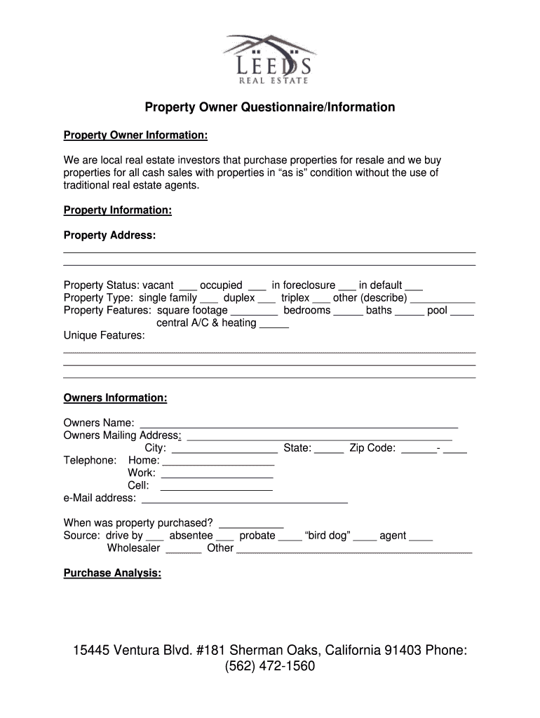 Fillable Online Property Owner Questionnaire/Information Fax Email