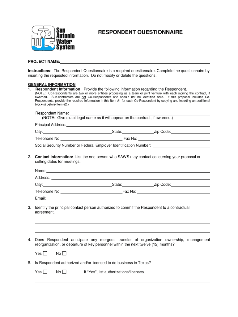 Fillable Online saws RESPONDENT QUESTIONNAIRE PROJECT NAME