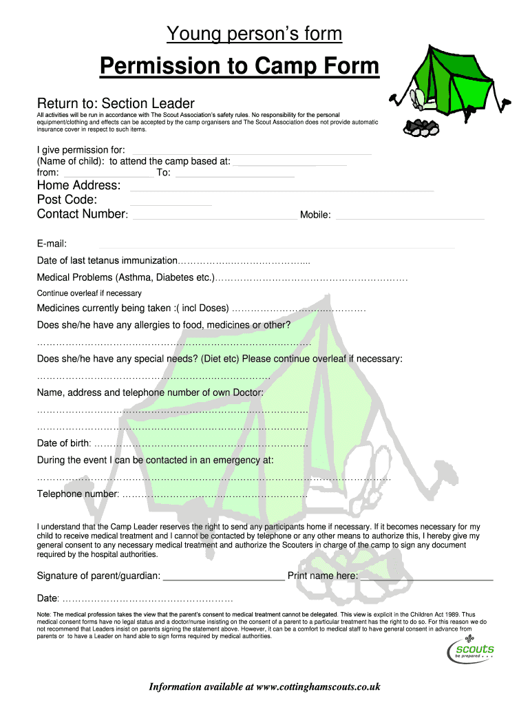 Fillable Online cottinghamscouts co Permission to Camp Form