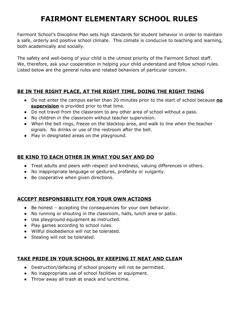 Fillable Online fairmontelementary FAIRMONT ELEMENTARY SCHOOL RULES