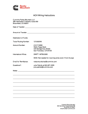 Fillable Online ACH Wiring Instructions - Cummins Rocky Mountain Fax