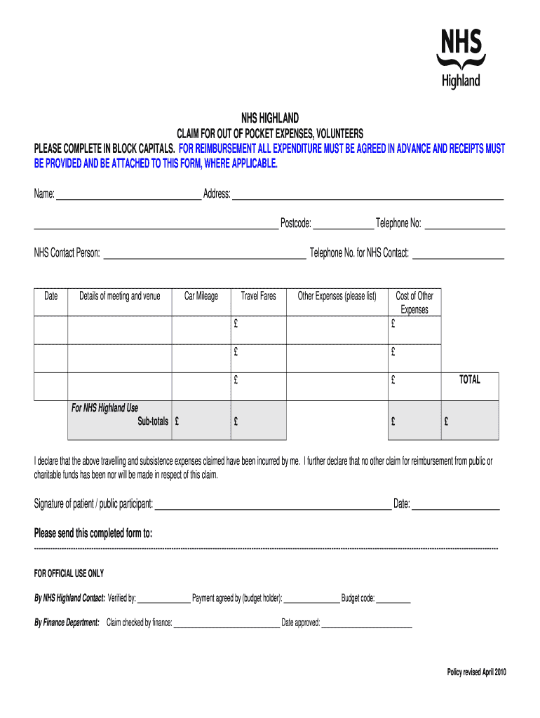 Fillable Online Expenses claim form NHS Highland Fax Email Print