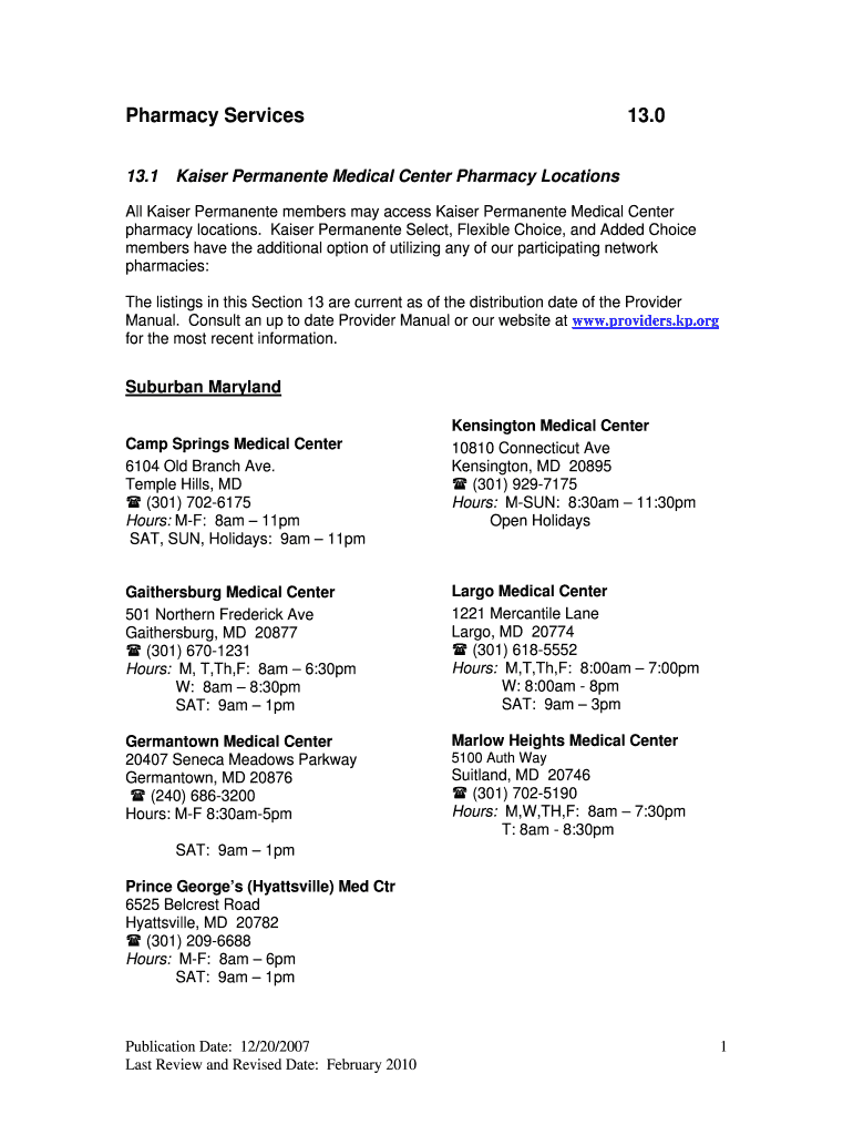 Fillable Online Kaiser Permanente Medical Center Pharmacy Locations Fax