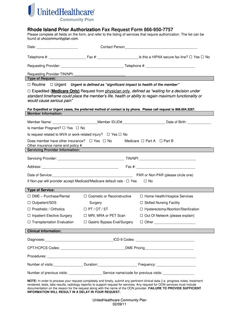 RI UnitedHealthcare Prior Authorization Fax Request Form 8869507757
