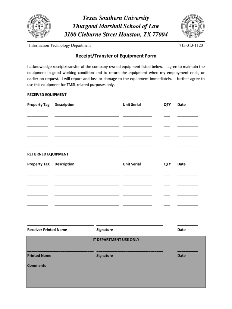 Fillable Online tsulaw Transfer of Equipment Form Thurgood Marshall