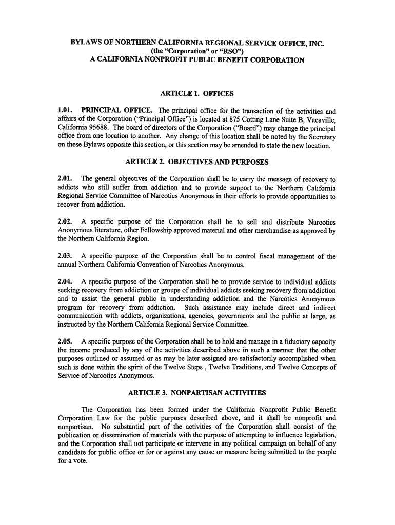 Fillable Online BYLAWS OF NORTHERN CALIFORNIA REGIONAL SERVICE OFFICE