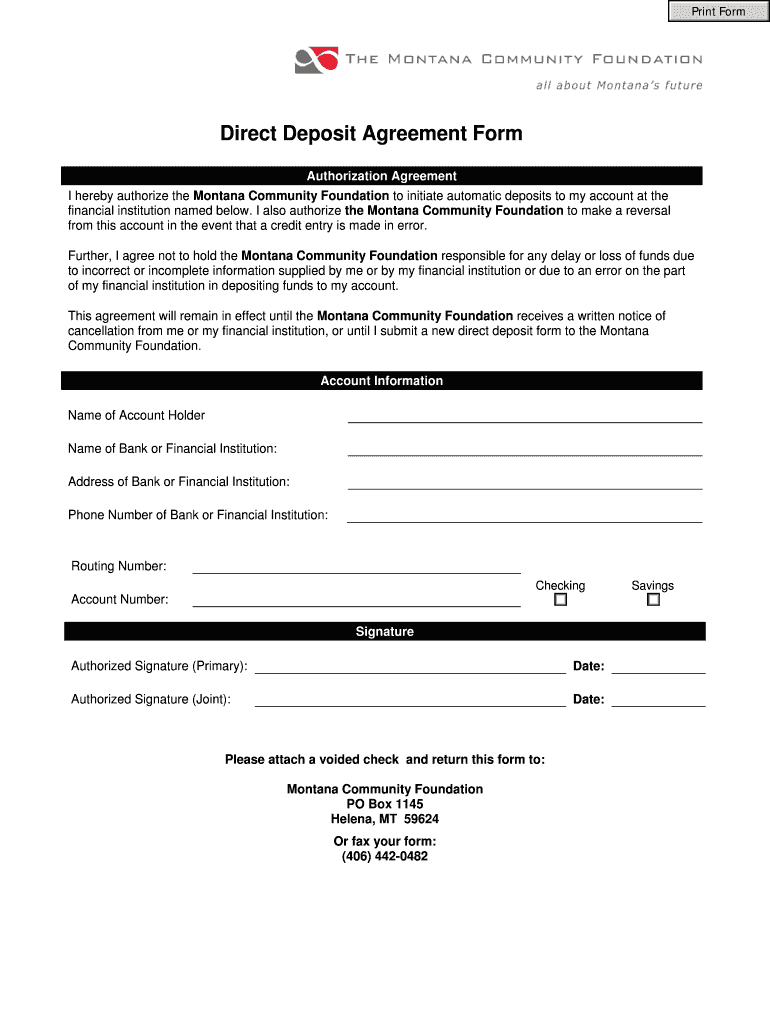 Fillable Online mtcf Direct Deposit Agreement Form The Montana