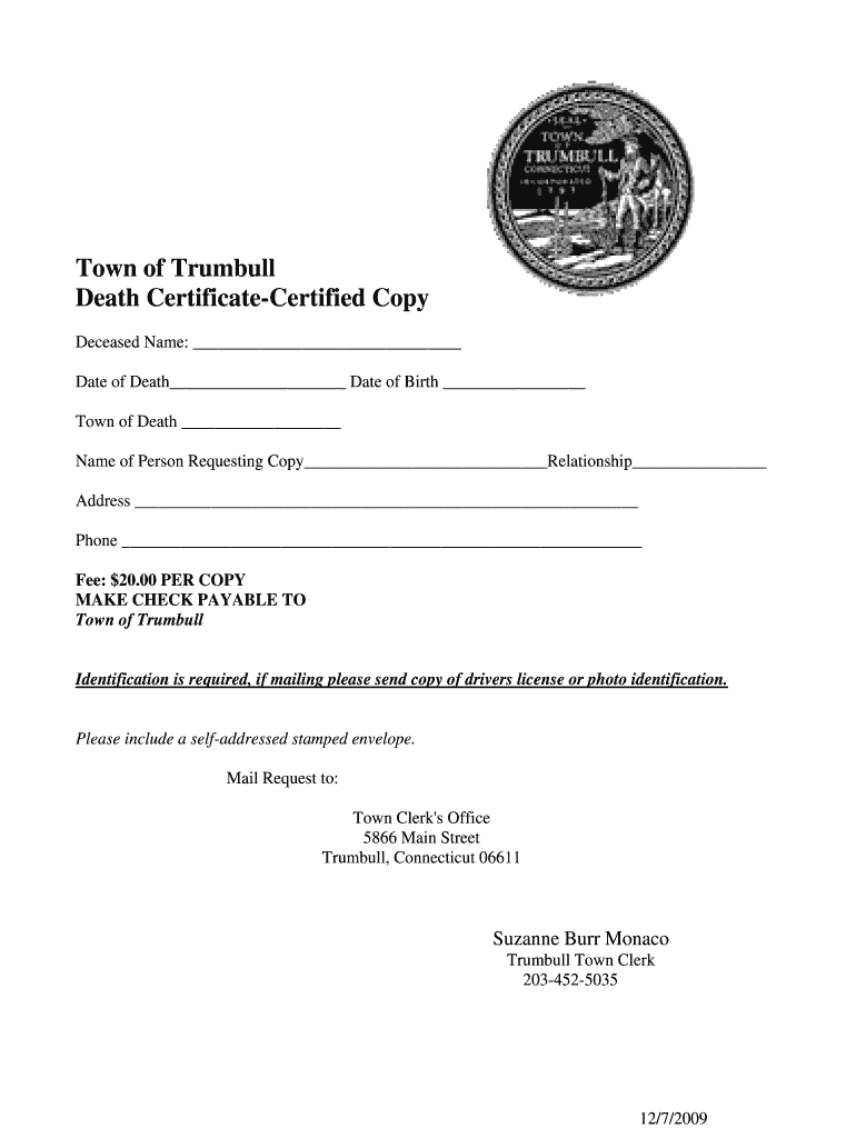 Fillable Online trumbullct Death Certificate Copy Request Form here Trumbull trumbullct