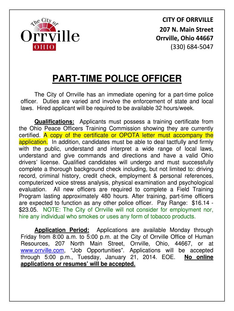 Fillable Online Police Officer PT 01.14.pdf City of Orrville Fax