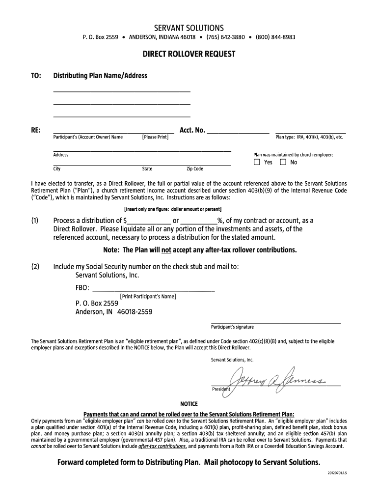 Fillable Online Rollover Form Servant Solutions Fax Email Print pdfFiller