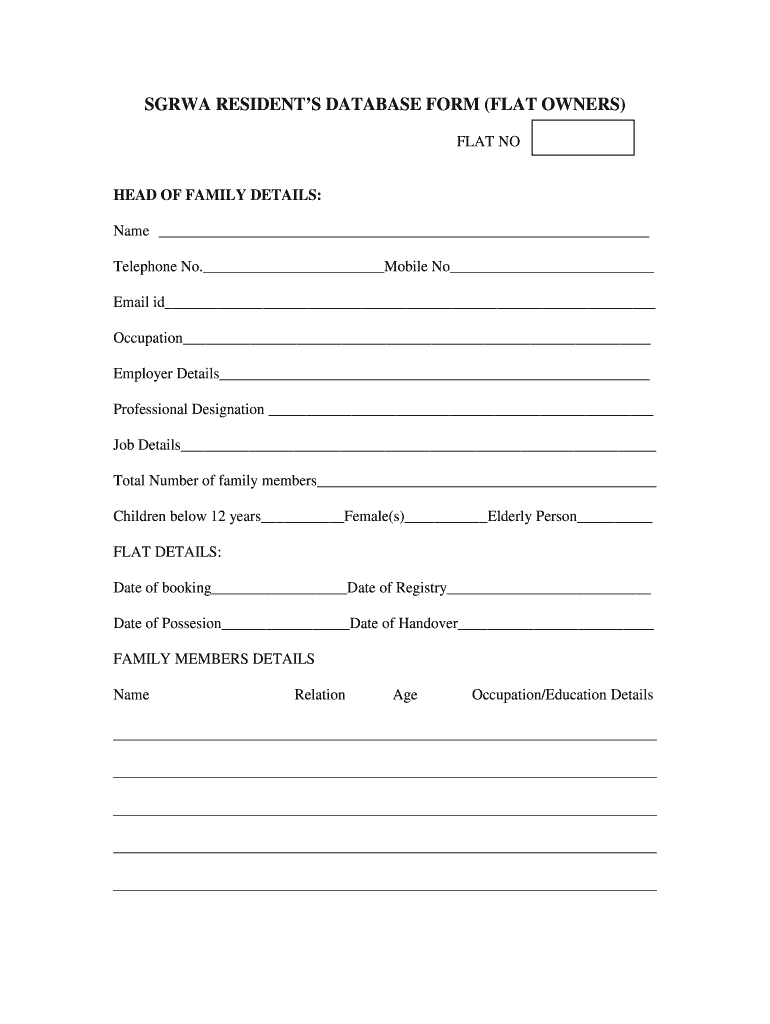 Fillable Online SGRWA RESIDENTS DATABASE FORM (FLAT OWNERS) Fax Email