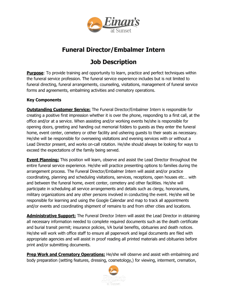 Fillable Online wccfa Funeral Director/Embalmer Intern Job Description