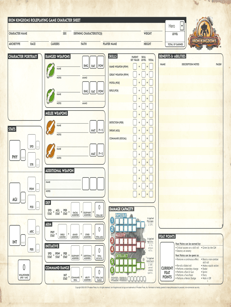 Iron Kingdoms Requiem Character Sheet Fill Online, Printable