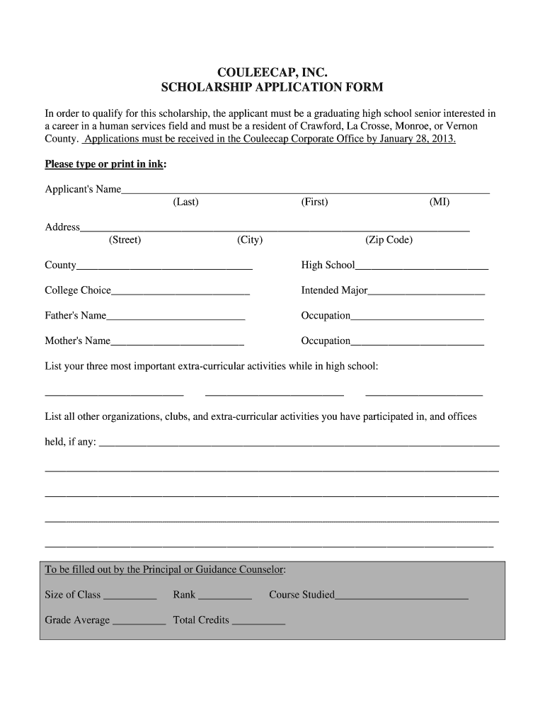 Fillable Online COULEECAP, INC. SCHOLARSHIP APPLICATION FORM Fax Email