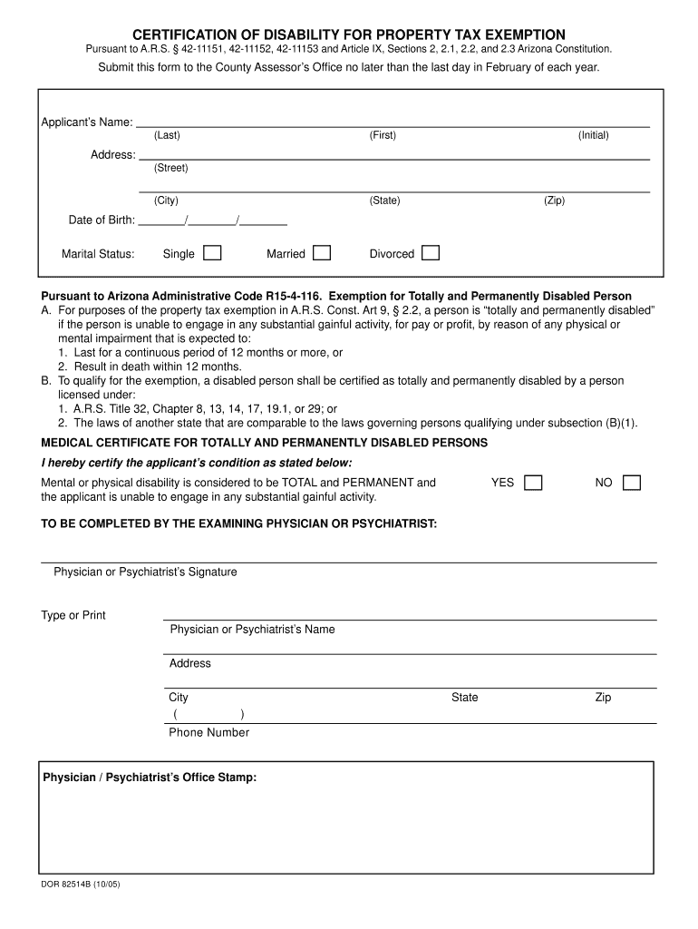 Fillable Online CERTIFICATION OF DISABILITY FOR PROPERTY TAX EXEMPTION