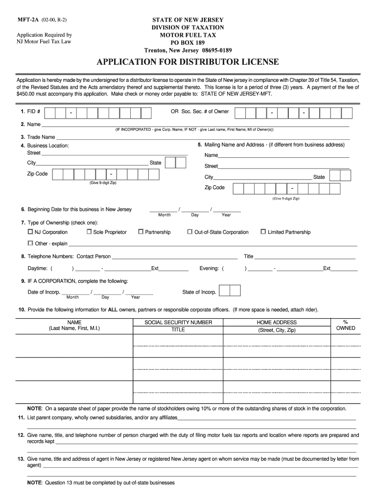Fillable Online New Jersey Mft2a Distributor License State Legal