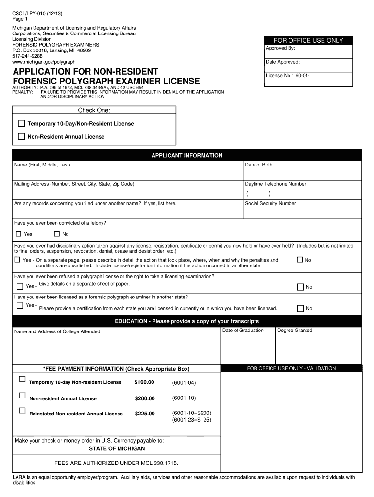 Fillable Online dleg state mi APPLICATION FOR NONRESIDENT License No